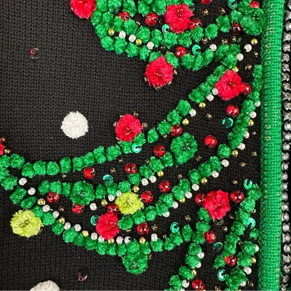 Just B Black Christmas Tree Beaded Rhinestone Zip Front Cardigan Sweater Small - Image 7