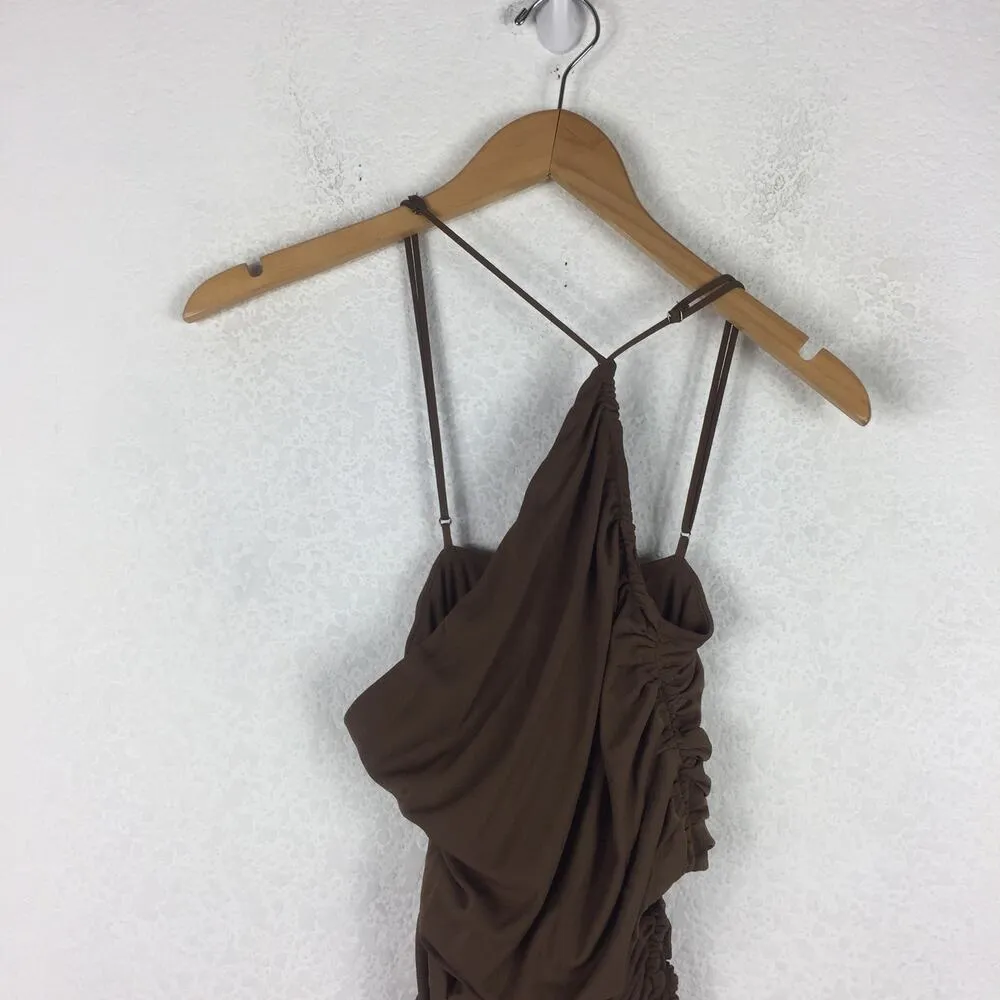 Zara Brown Asymmetric Draped Cut Out Ruched Mini Dress Size XS 7733/075 - Image 5