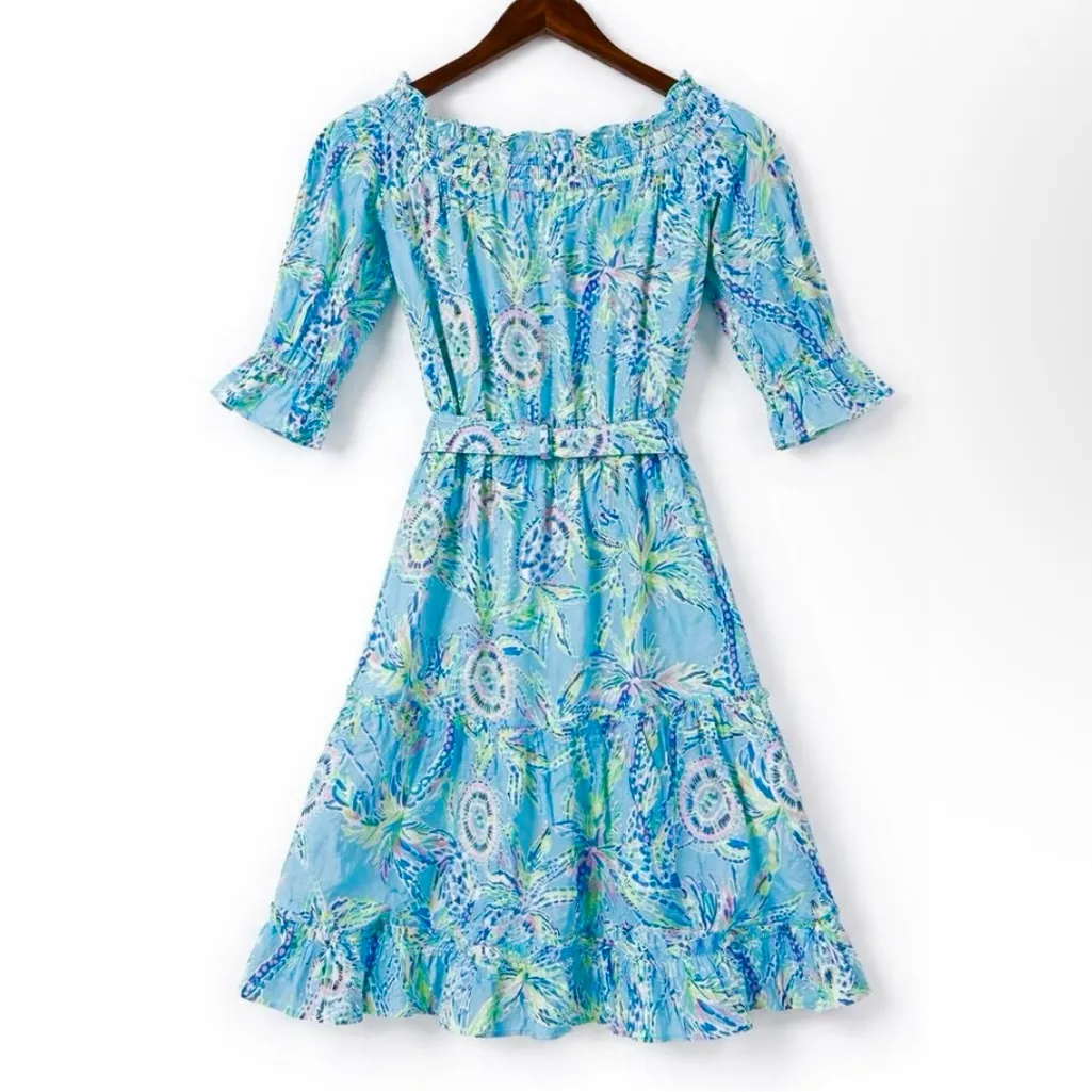 Lilly Pulitzer NWT Off Shoulder Tiered Ruffle Dress Blue Green Floral Size M - Image 2