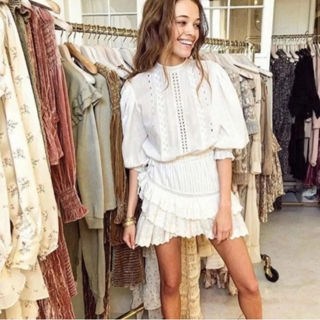 LoveShackFancy LORELAI Tiered Ruffle Mini Dress‎ Broderie Anglaise Cotton Medium - Image 4