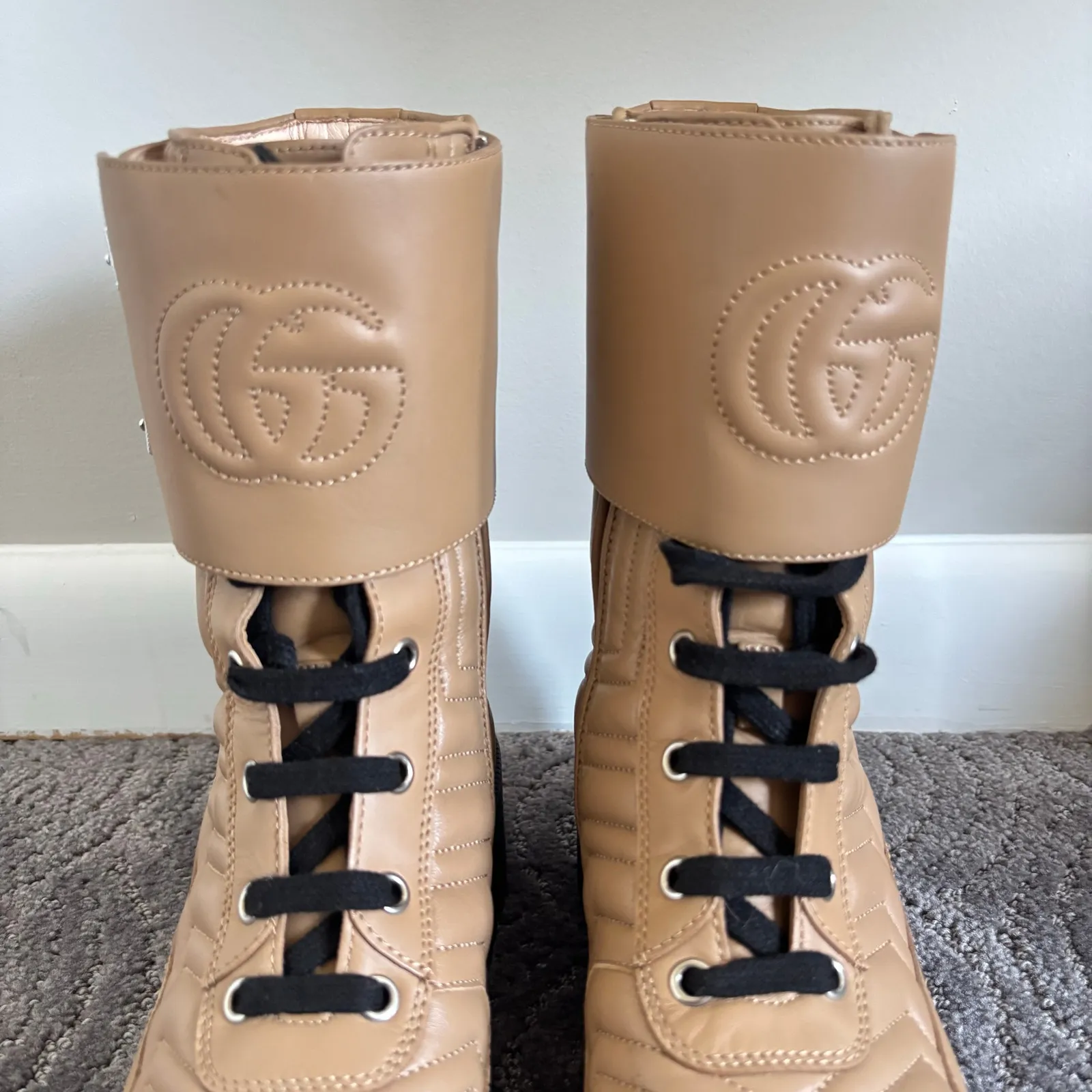Gucci Frances GG Combat Boots Lug Sole Matelasse Quilted Leather Tan Size EU 37 - Image 5