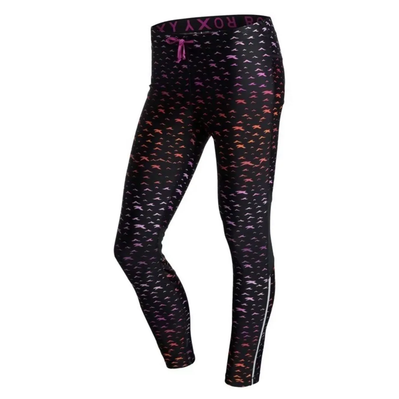 Roxy Women's Athletic Leggings Black Pink Bird Print Drawstring Pockets Size M - Image 4