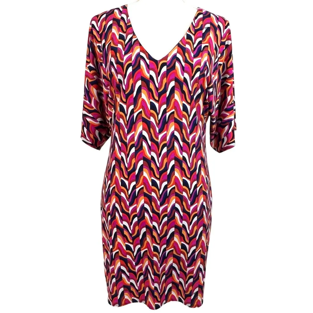 Trina Turk Kaleidoscope Shift Dress 2 V-Neck 3/4 Kimono Sleeves Retro Rad 70s - Image 2