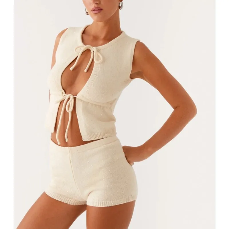 Peppermayo Knit Top & Shorts Set Sequins Ownley Size XS Cream Silver - Image 7