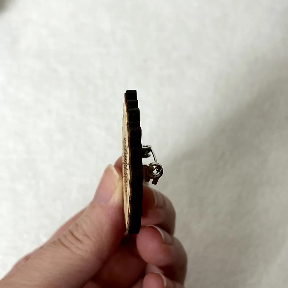 Handmade Engraved Wooden Sunflower Pin Brown - Image 3