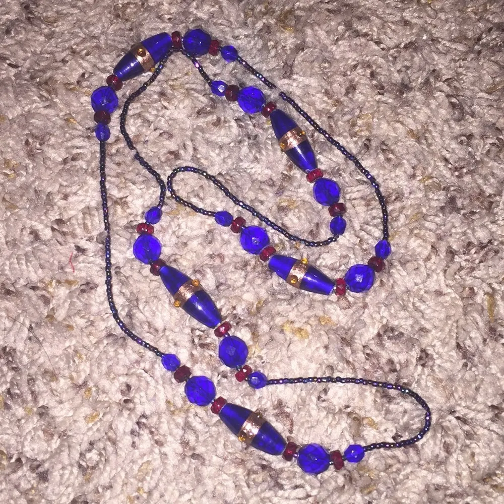 Blue Red & Gold Glass Flapper Bead Necklace - Image 3