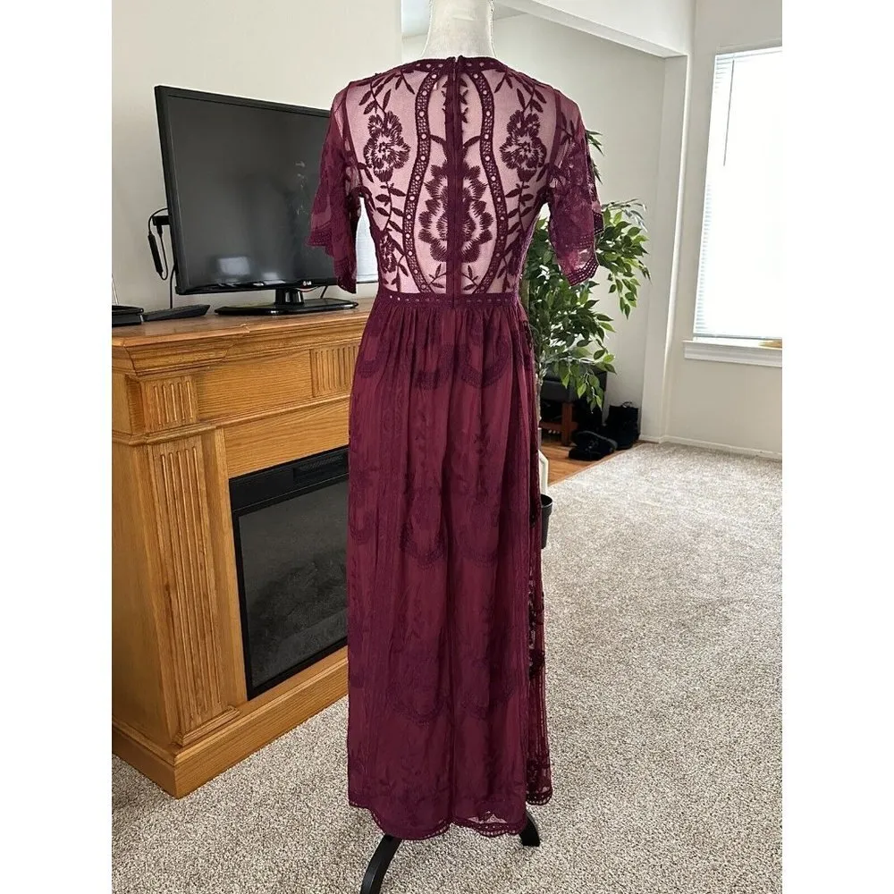 PinkBlush Dress Size Small Maternity Burgundy Lace Maxi Long Overlay - Image 5