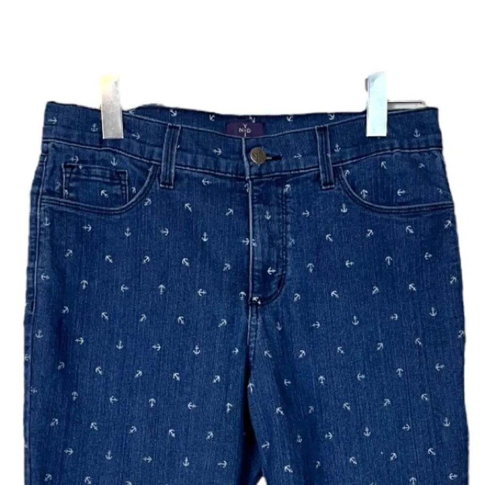 NYDJ Crop Jeans Nautical Anchor Print Mid Rise Medium Blue Wash Women’s Size 10 - Image 5