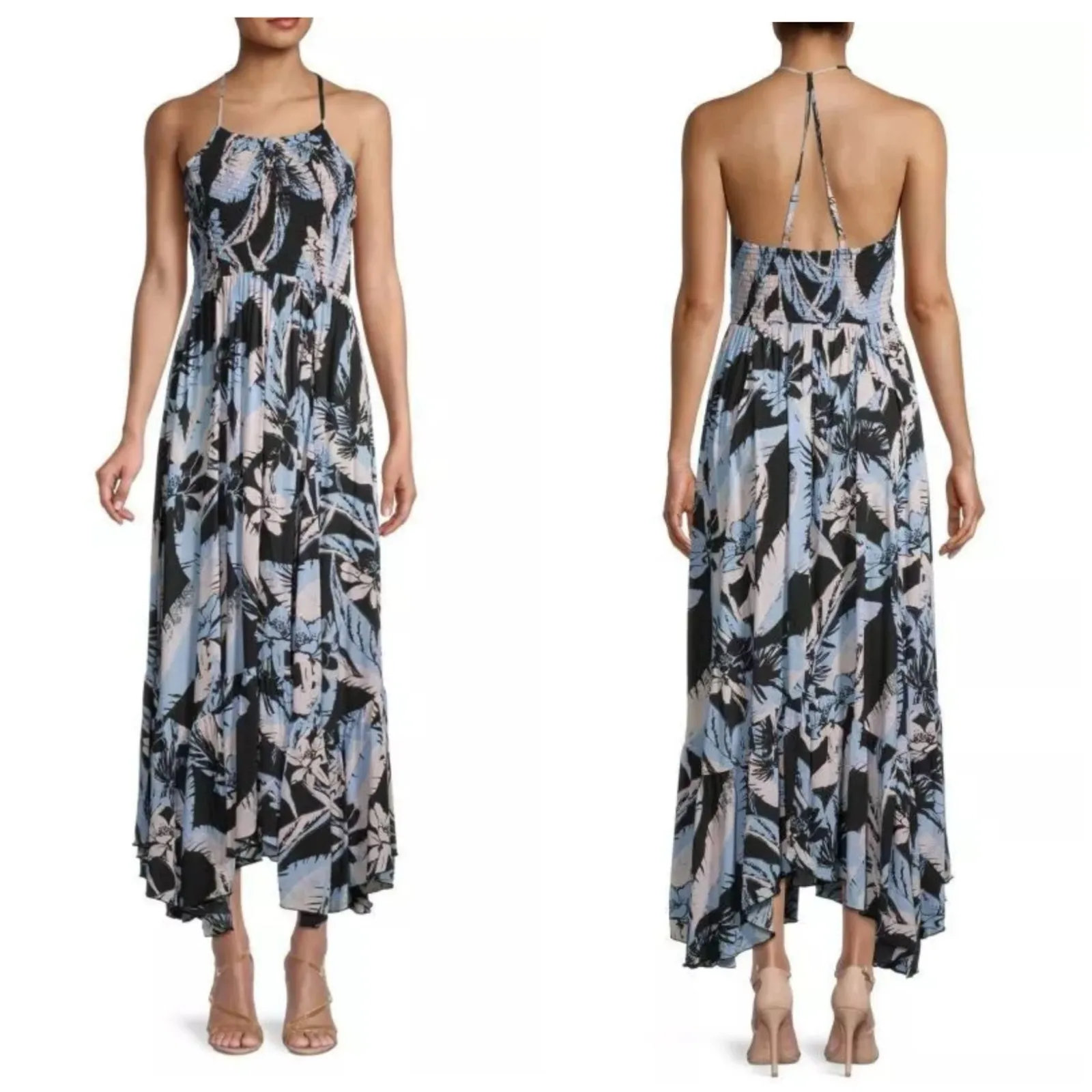 Free People Heat Wave Printed Maxi Slip Dress Large Blue Floral Bohemian - Image 14