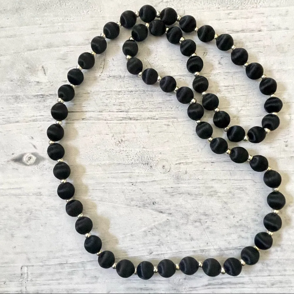 Long Black silk ball silver tone necklace - Image 2