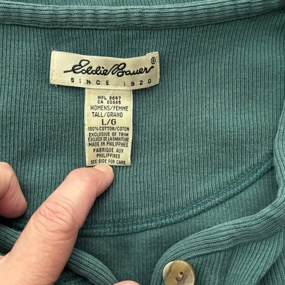 Vintage Eddie Bauer Size L Tall LT Thermal Henley Shirt Long Sleeved Green - Image 3