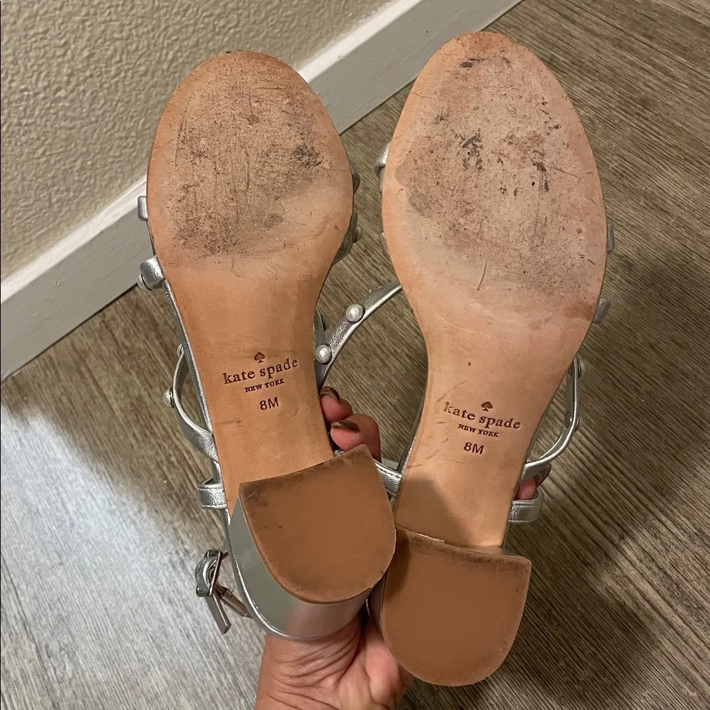 Kate Spade New York Silver Pearl-Studded Block Heel Wynne Sandals – Size 8M - Image 9