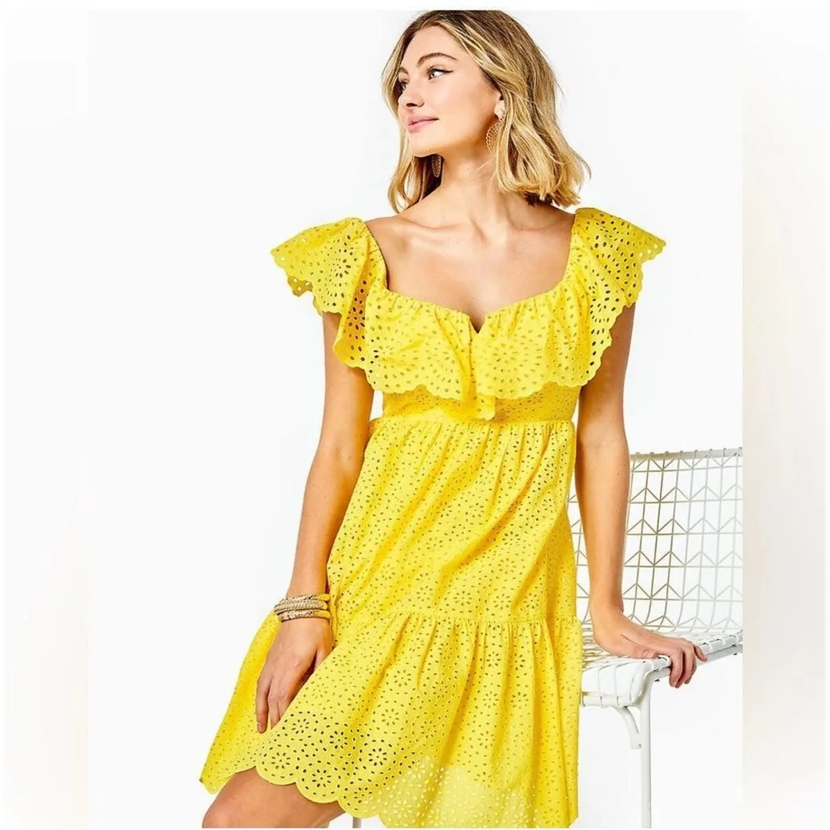 Lilly Pulitzer Asteria Eyelet Dress Ruffle‎ Sleeves Tiered Daisy dreams Size 6 - Image 6