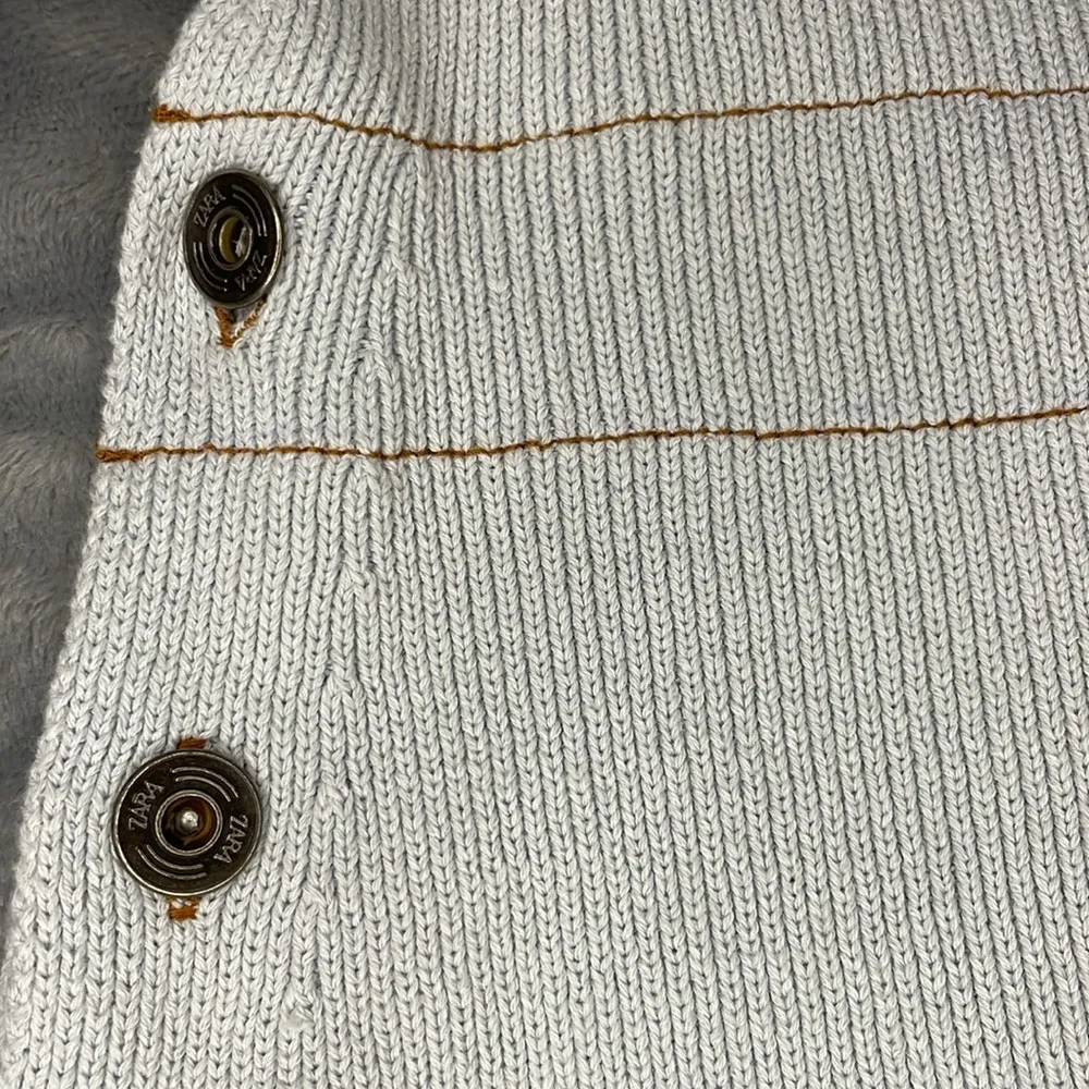 Crocheted bibbed overall sweater dress dusty blue with contrasting brown stitch - Image 8