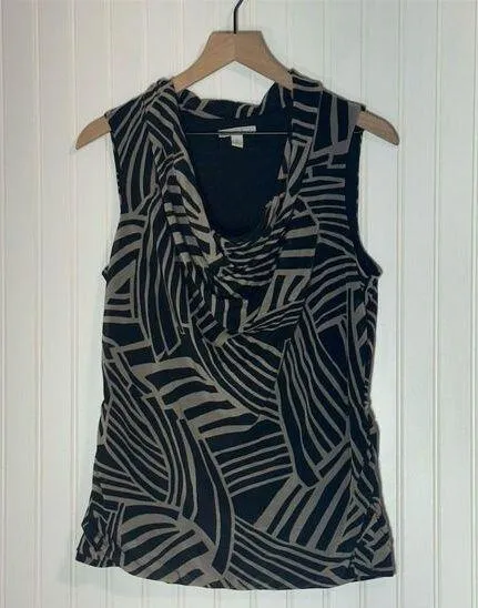Dana Buchman Cowl Neck Sleeveless Top L Abstract Black Beige Geometric Print - Image 1