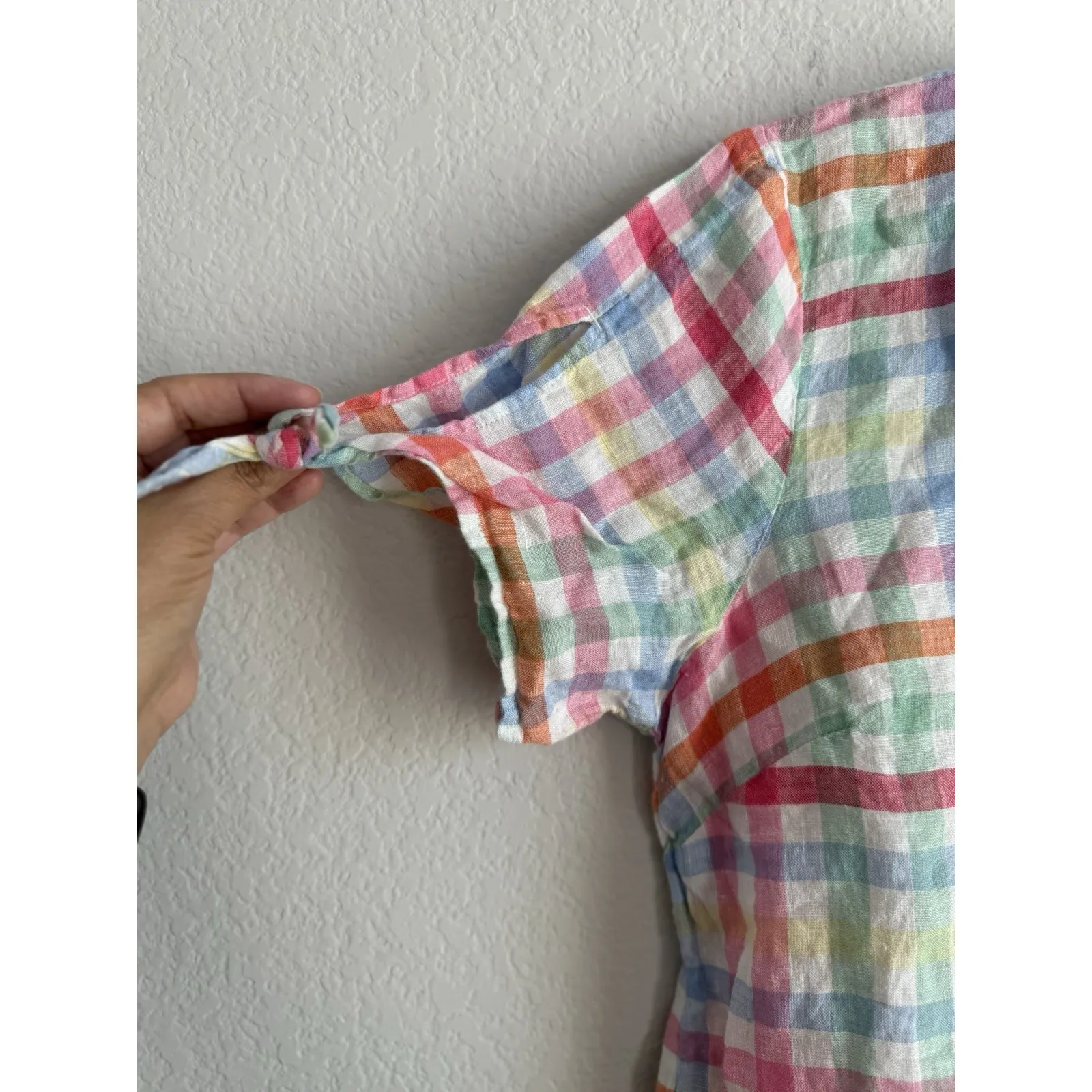 Talbots‎ Women's Linen Top Split Neck Pastel Plaid Casual Sleeve Tie Detail Sz M - Image 8