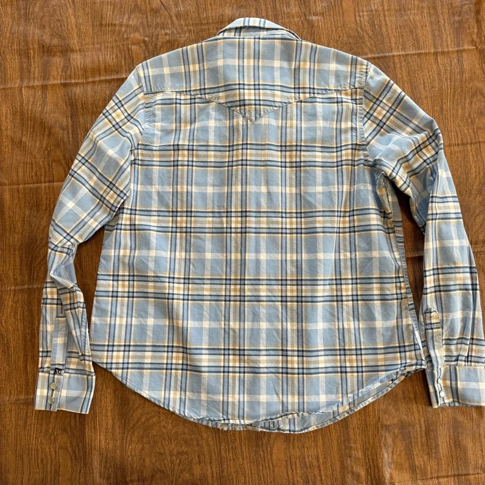NWOT Women’s Rockies Western Yoke Pearl Snap Plaid Shirt XL Blue Tan - Image 2