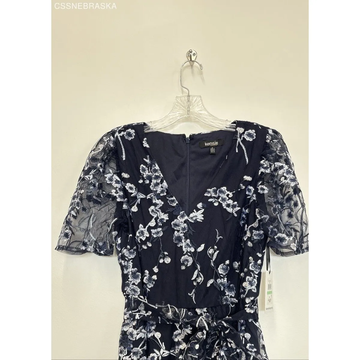 Kensie Navy Blue Embroidered Mesh Dress Sheer Overlay Floral Midi - Size 8 - Image 2