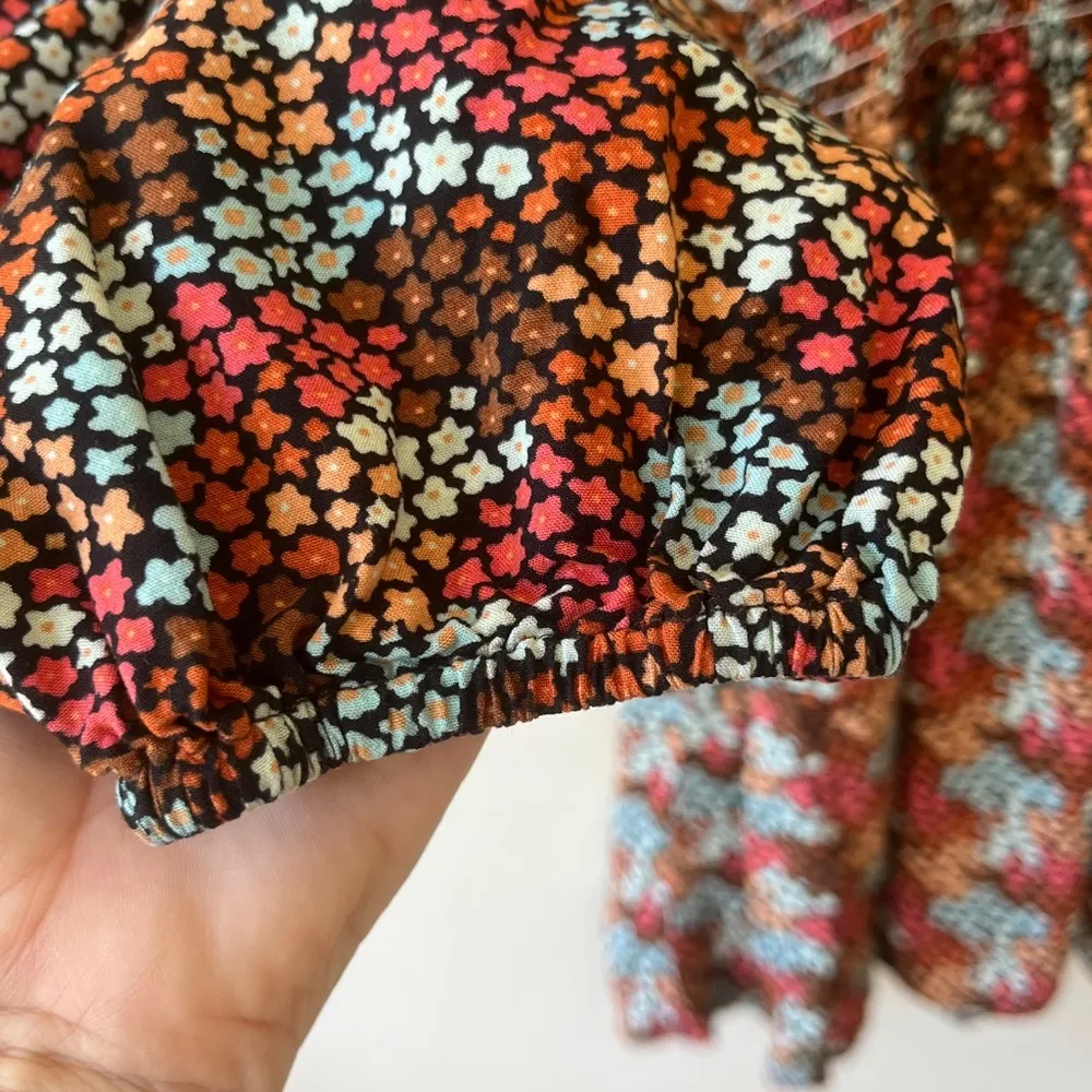 Rock n Roll Sz L Ditsy Floral Print Flowy Mini Dress Rust Copper Smocked Waist - Image 7