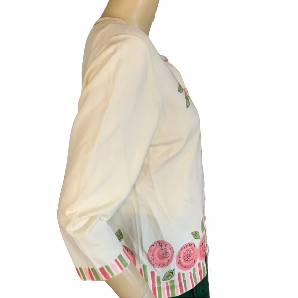 VINTAGE Y2K GARNET HILL CREAM, PINK & GREEN FLORAL CARDIGAN SWEATER (L) Multiple Size L - Image 4