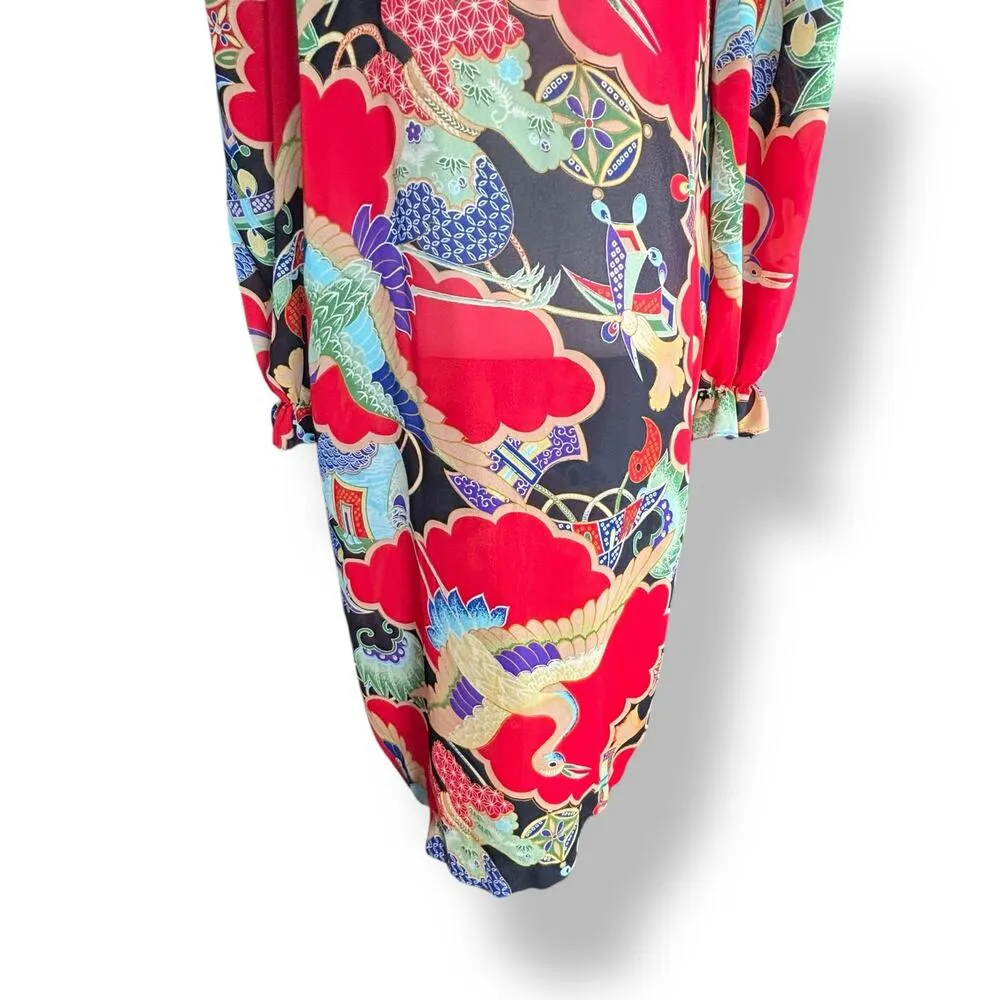 Vintage 90s Crane Print Dress Red Black Floral Asian Semi Sheer Long Sleeve - Image 4