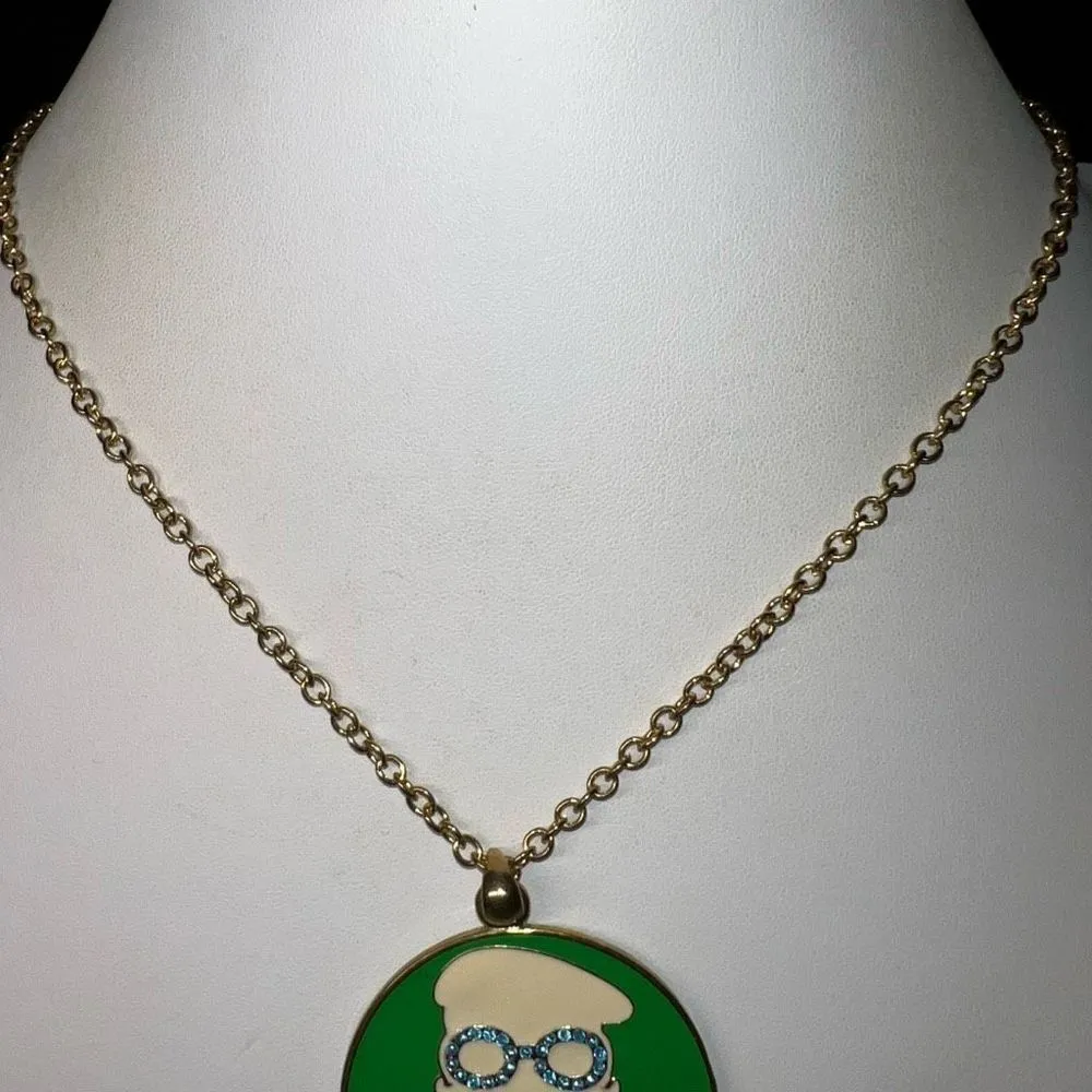 Vintage‎ EsMor Rhinestone Spectacled Funky Lady Pendant Green - Image 3