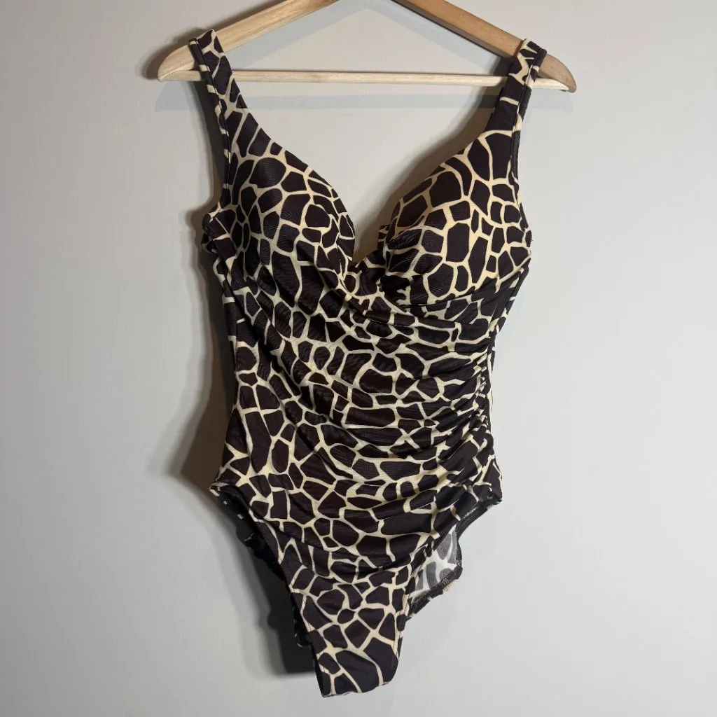 Miraclesuit Escape One Piece Swimsuit Giraffe Print Women's 10 Brown Open Back - Image 7