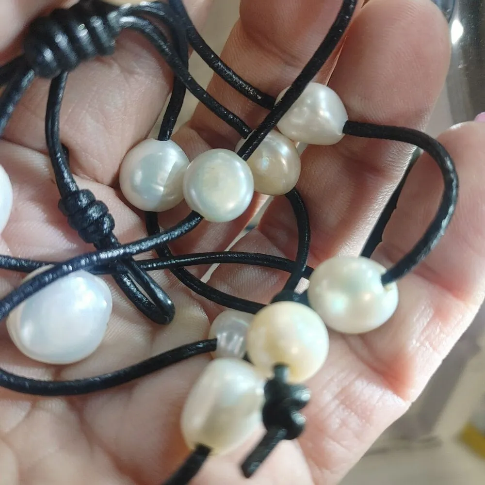 Necklace Handcrafted Pearl Leather Cord Lariat Style 24 inches Black - Image 5