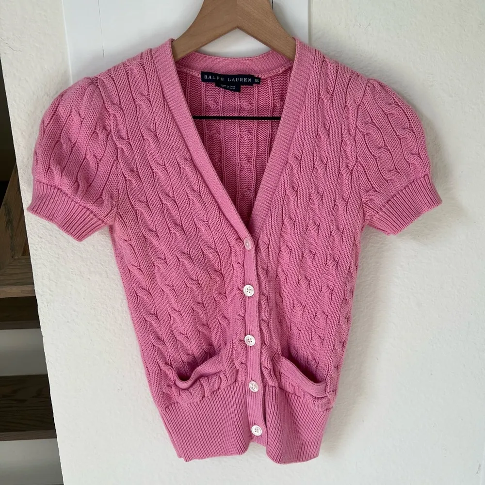 Ralph Lauren Short Sleeve Cardigan in Ribbon Pink - Image 2