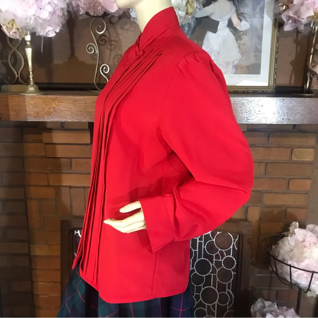 VINTAGE 1980'S YVES ST. CLAIR RED MOCK NECK PLEATED BLOUSE (12) - Image 6