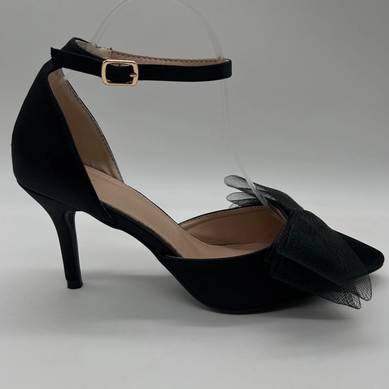 NEW Allegra K Heels Womens 9 Black Pointed Toe Ankle Strap‎ Pumps Bow Stiletto - Image 4
