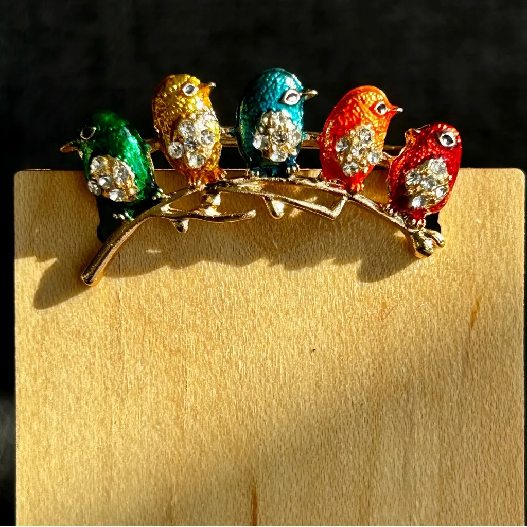 Colorful, Sparkly “Birds on a Branch” Fashion Rhinestone Brooch, Gold - Image 12