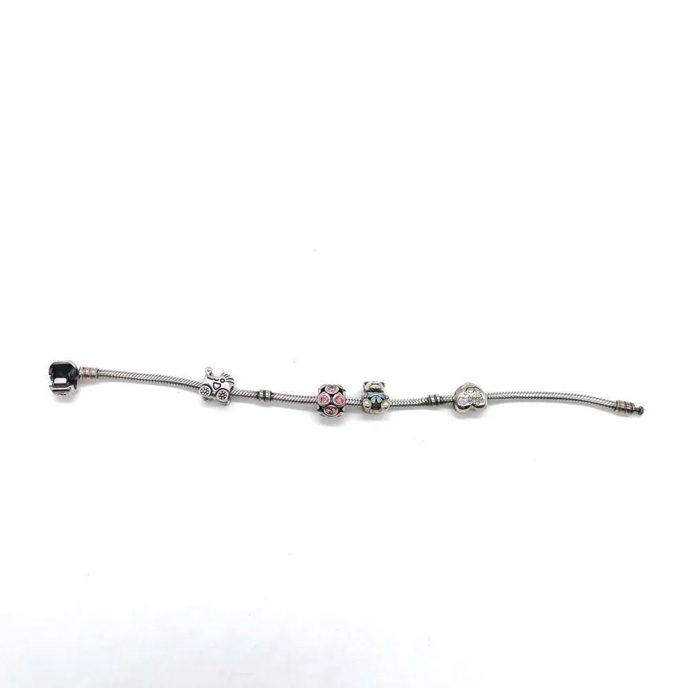 Pandora Charm Bracelet with 4 charms Babycarriage HeartTeddyBear/Pink Ball - Image 2
