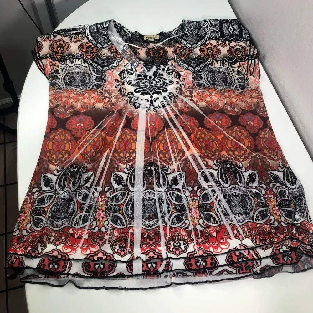 One World 2x y2k  sheer boho paisley print rhinestone festival flowy top blouse - Image 5