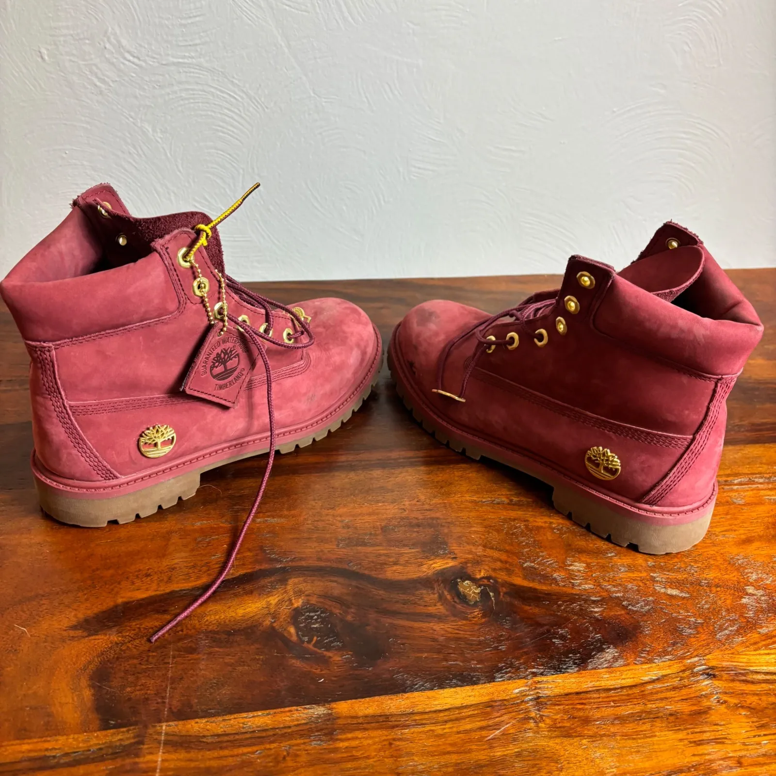 Timberland Premium Waterproof Work Boots Red Suede Gold Accents Lace Up Size - Image 8