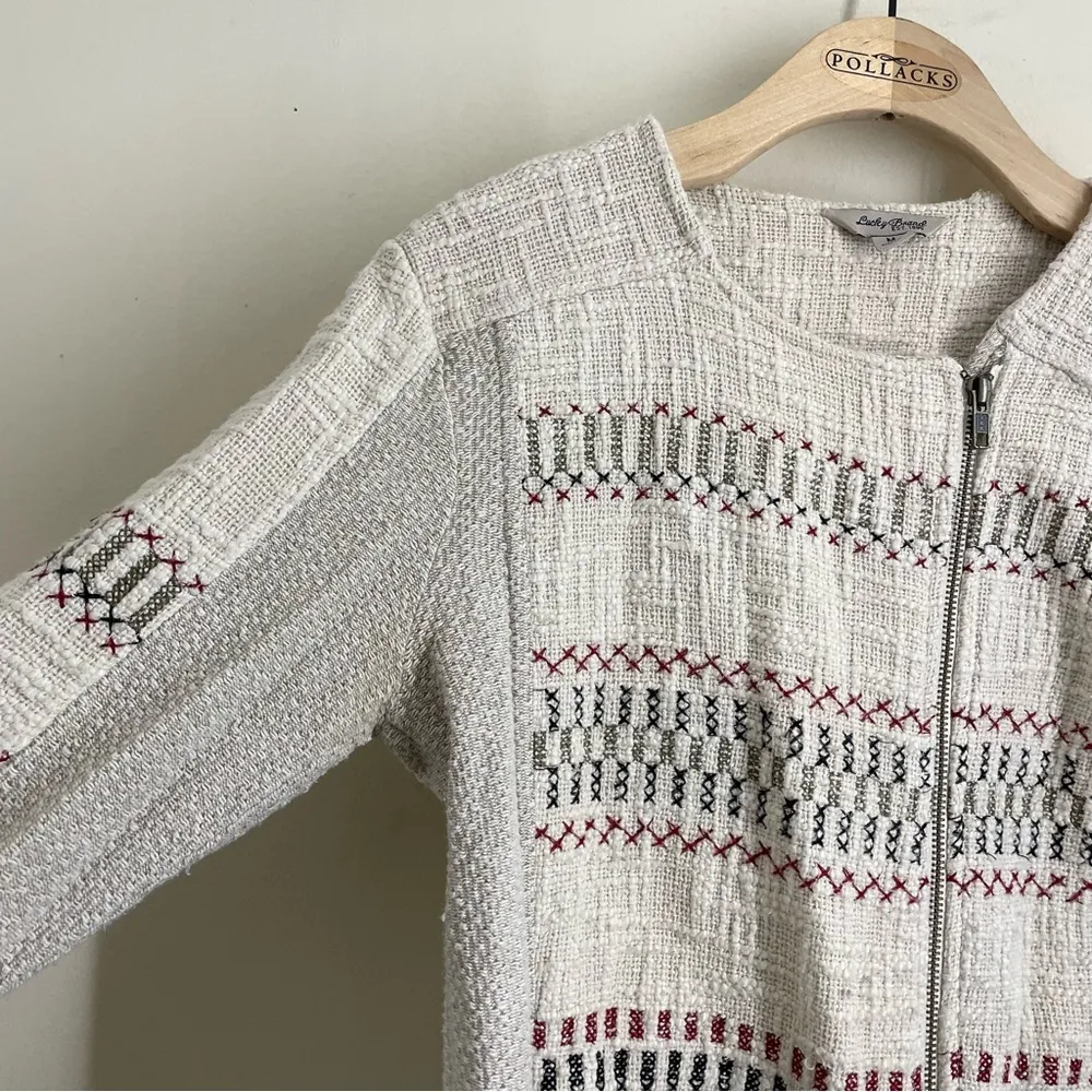 Lucky Brand Boucle Embroidered Zip-Up Jacket / Blazer Cream size M - Image 5