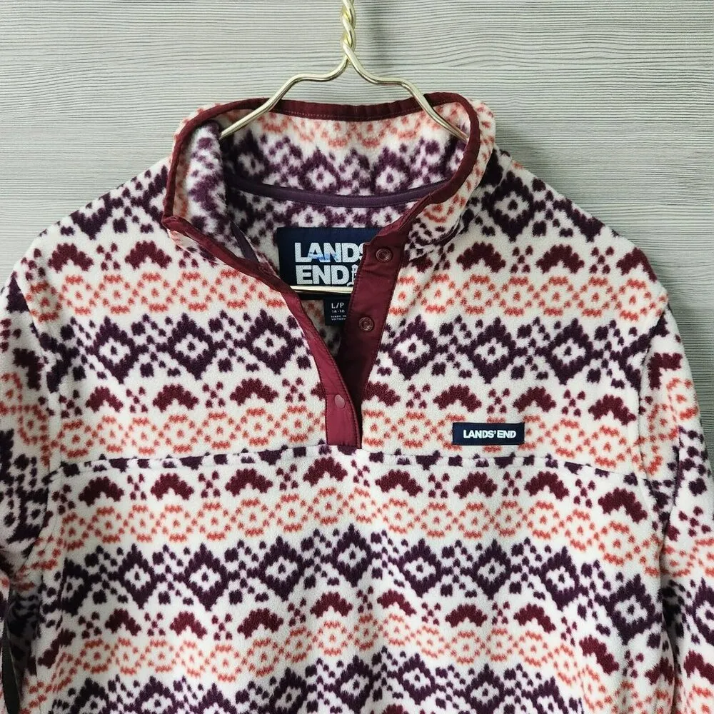 Lands' End Womens Multicolor Fair Isle Fleece Snap Pullover Sweatshirt Size L/P Red - Image 1