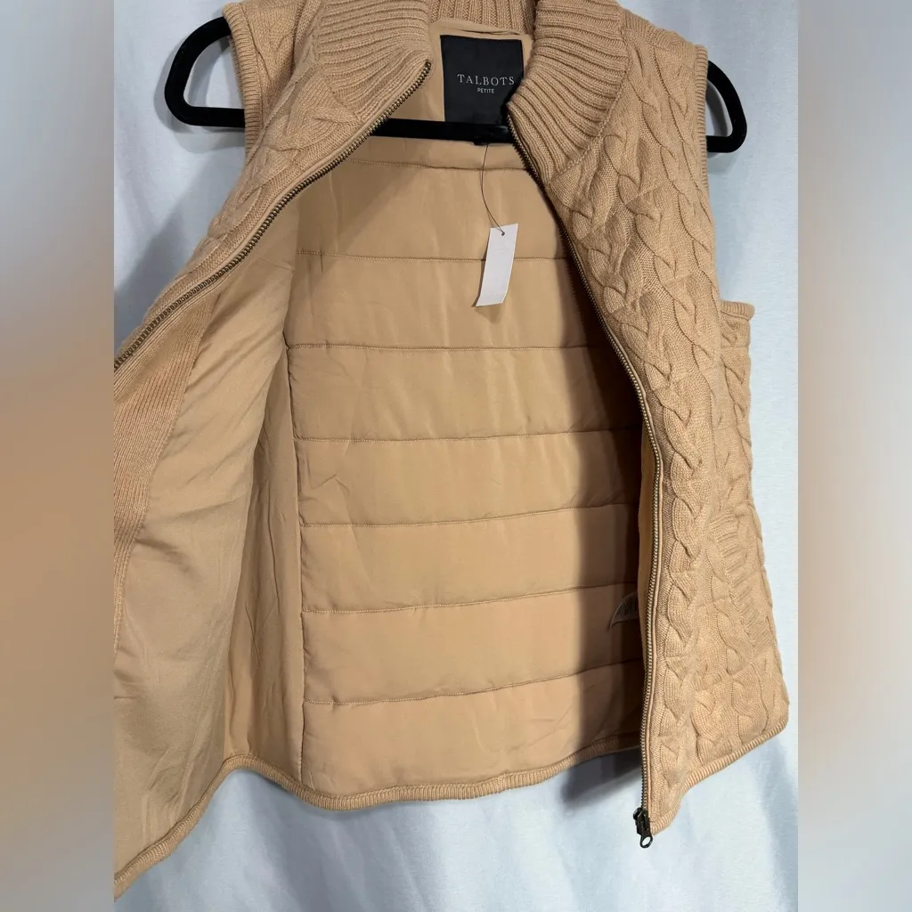 Talbots Vest Womens Camel Brown Cable Knit Zip Front Quilted Lined Wool Blend PS - Image 8