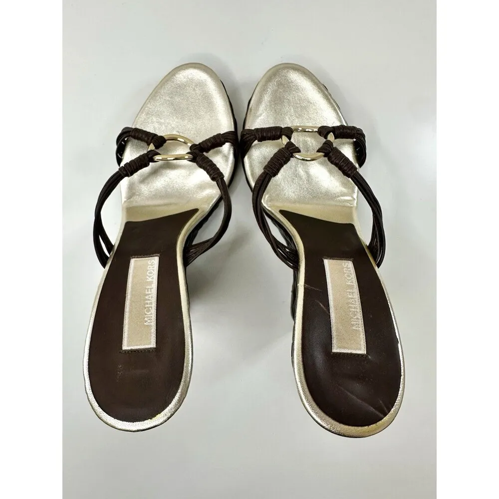 MICHAEL KORS Leather Wedge Sandals Woven Strappy Slip-On Heels Sz 7 6.5 Vintage - Image 7