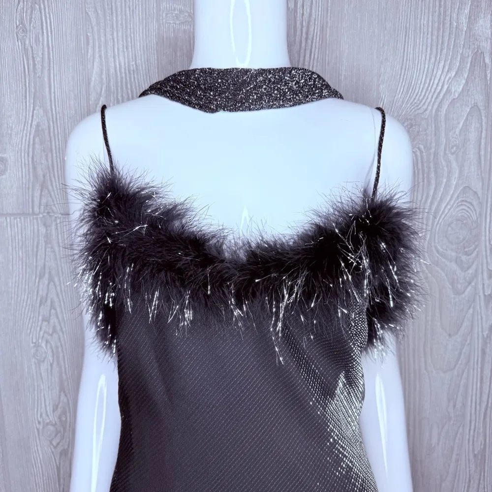 Vintage metallic jump midi body con dress with feathers and Shaw / belt scarf md Black Size M - Image 3