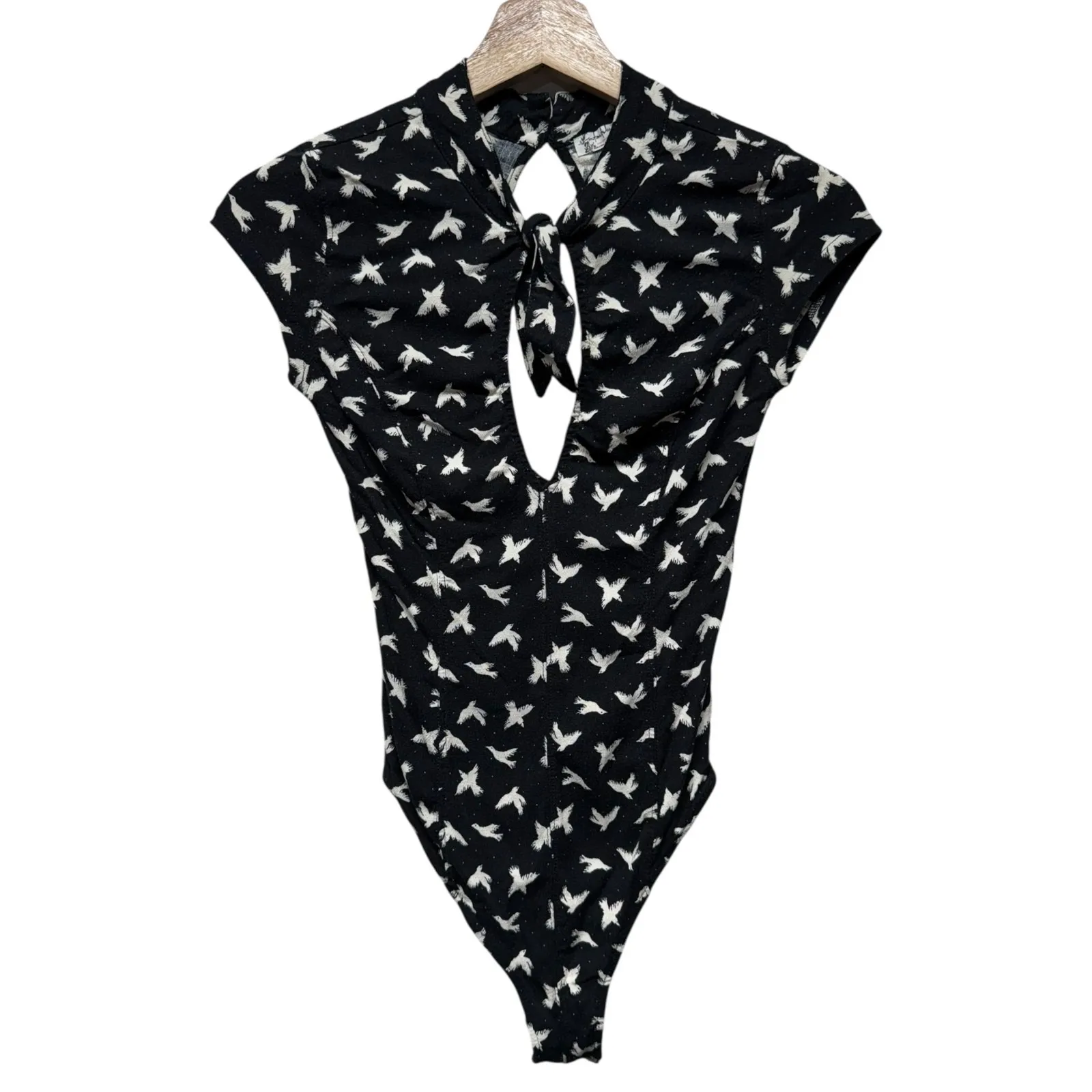Intimately Free People Bodysuit Bilie Black Birds Sz‎ XS Neck Tie Thong - Image 3