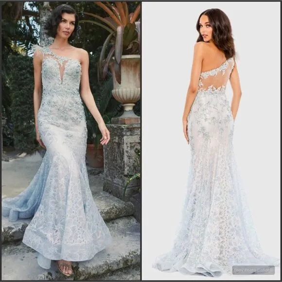 MAC DUGGAL 79264 Blue Embroidered Applique Feathered One Shoulder Trumpet Gown - Image 2