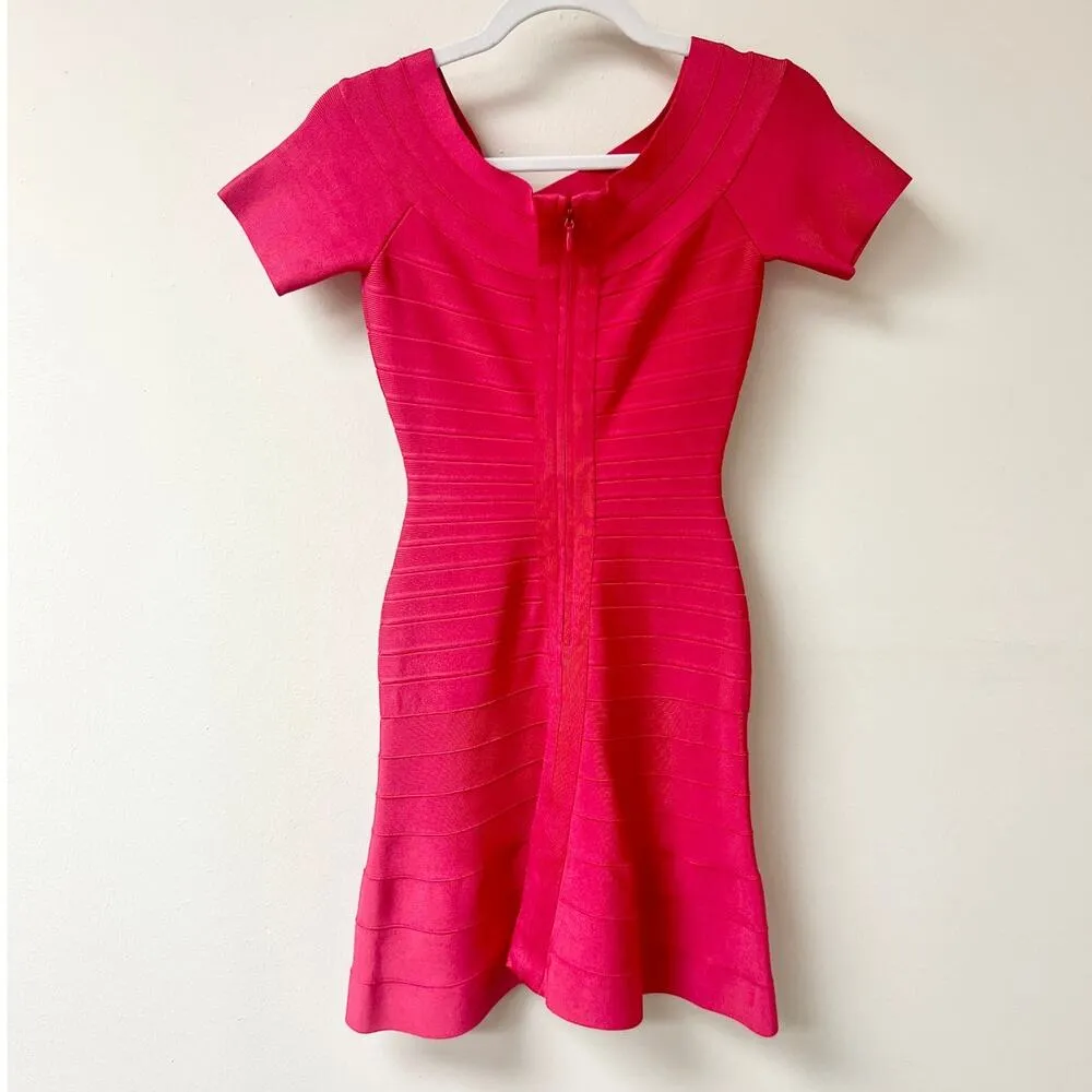 Hervé Léger Liza Short Sleeve Boat Neck Bandage Mini Dress Pink Women's Size XS - Image 6