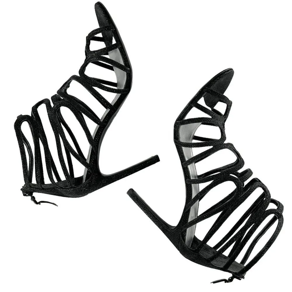 STUART WEITZMAN Loopdeloop Black Glitter Leather Caged Sandals Heels Size 9 - Image 5