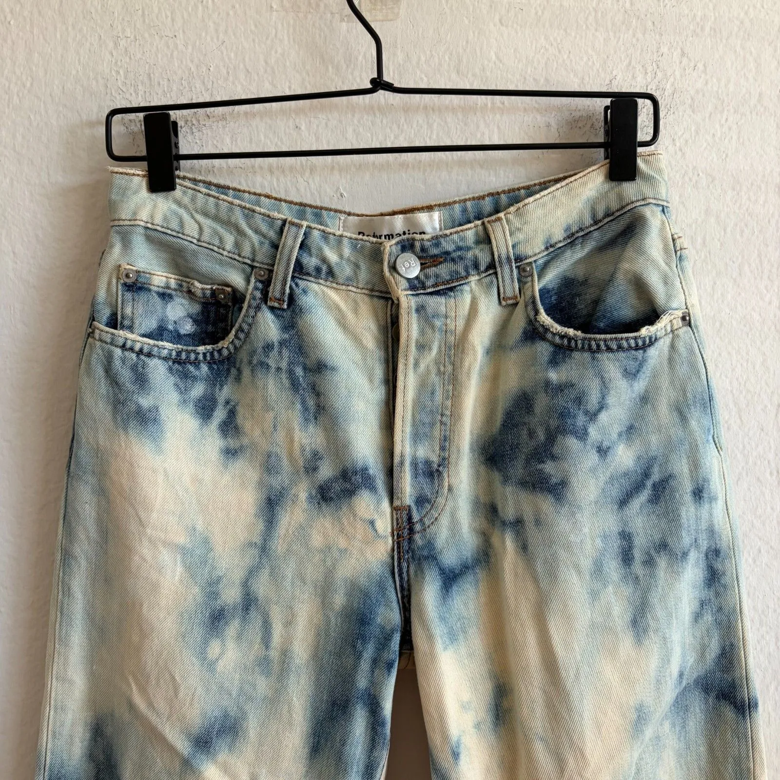 REFORMATION Tie-Dye Blue Cream Petite Wide Crop Denim Jeans Womens 27 Grunge - Image 4