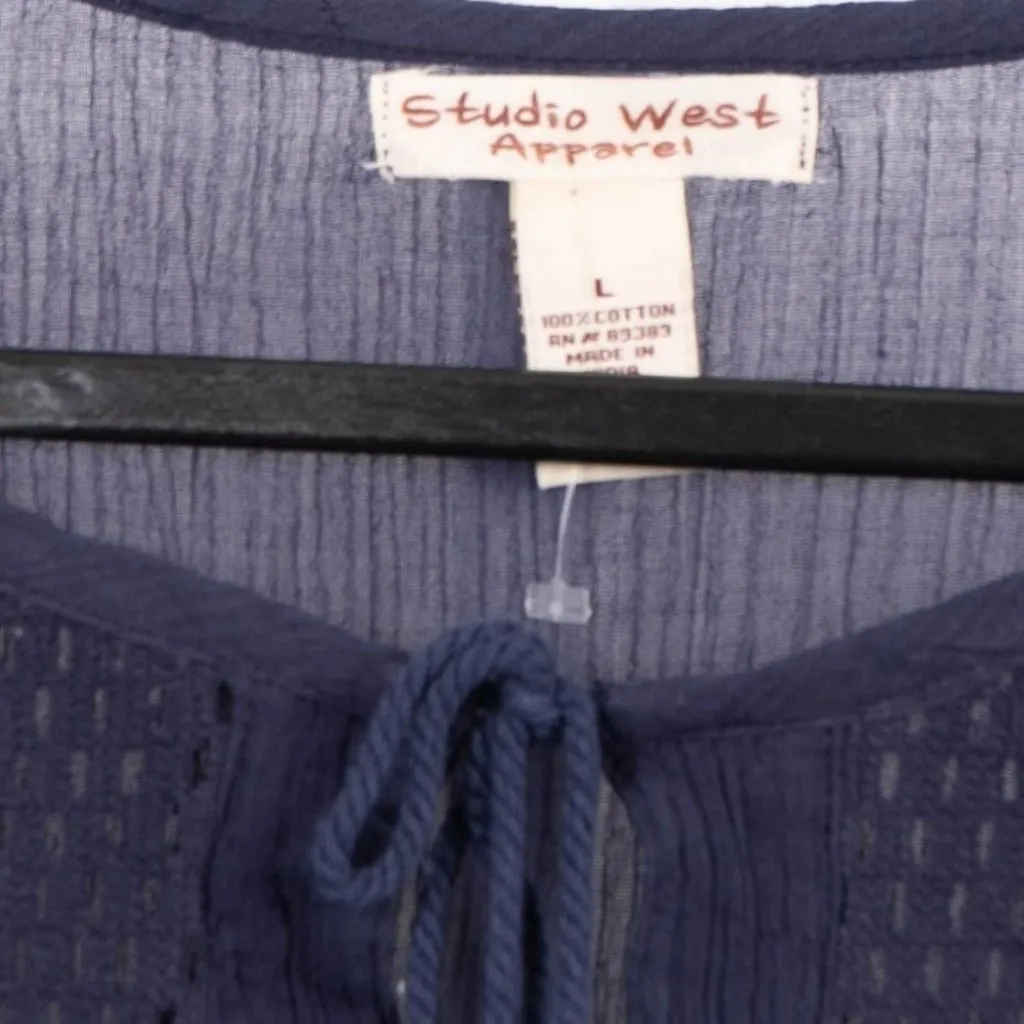 Studio West Peasant Blouse L Women NEW Blue Boho Sheer Crochet Tunic Bell Sleeve - Image 4