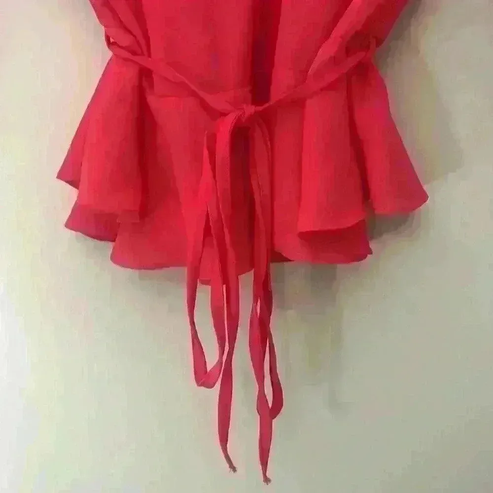 TOPSHOP Peplum Ruffle Blouse Hot Pink Crepe Top 3/4 Bell Sleeve Belt Size 4 - Image 8