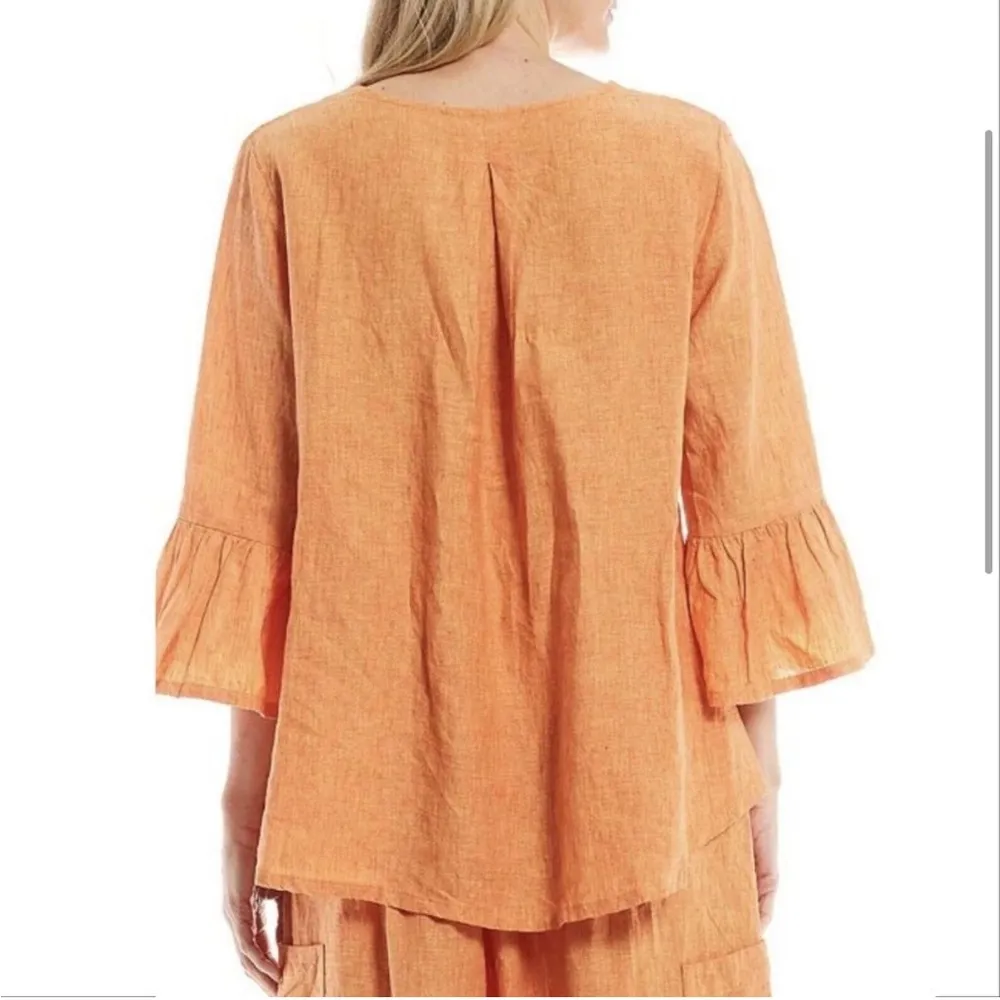 Bryn Walker 100% Linen Fran Bell Sleeve Lagenlook Top Orange Mango Size Small - Image 2
