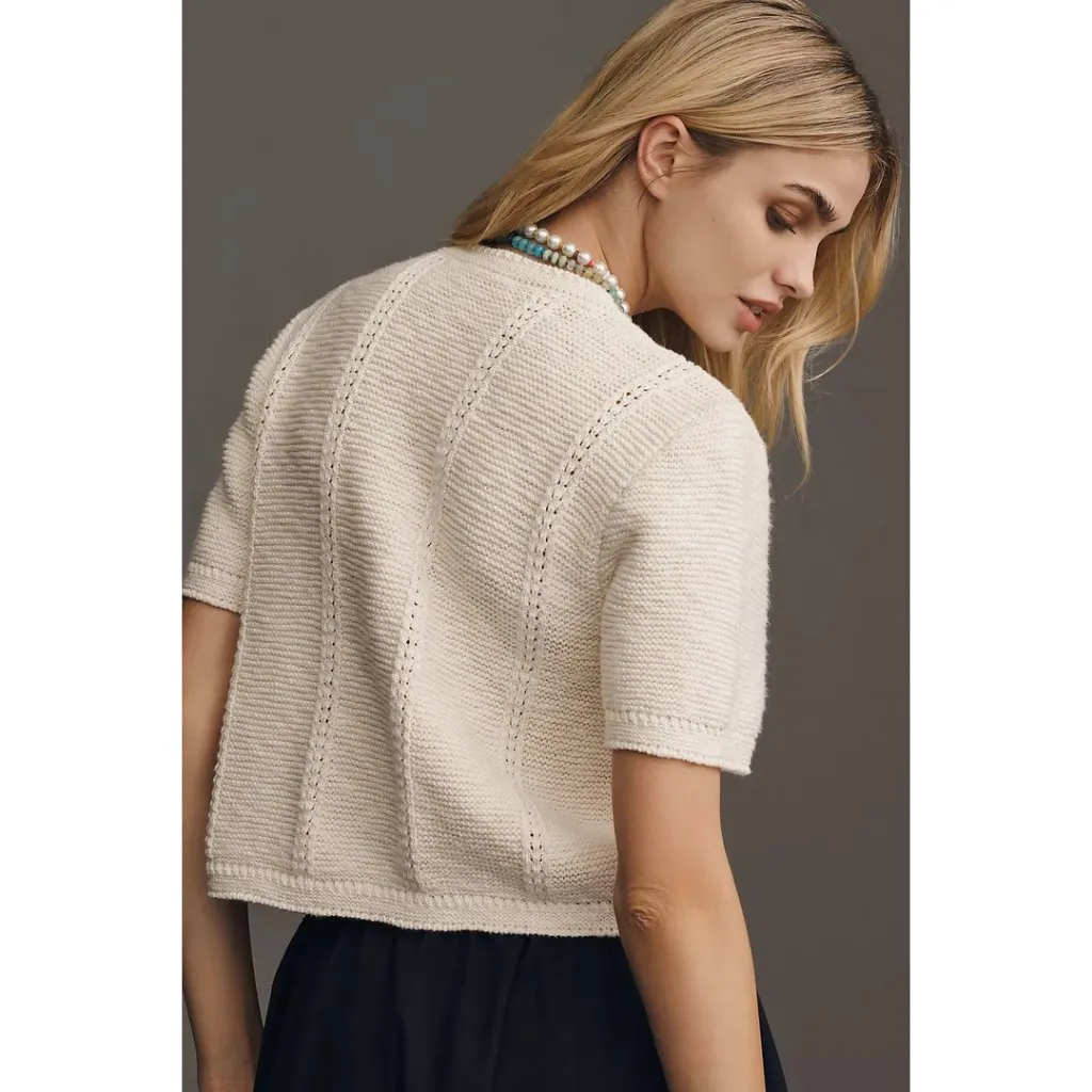 SAM EDELMAN Colleen Short-Sleeve Cardigan Sweater in White Size Small - Image 3