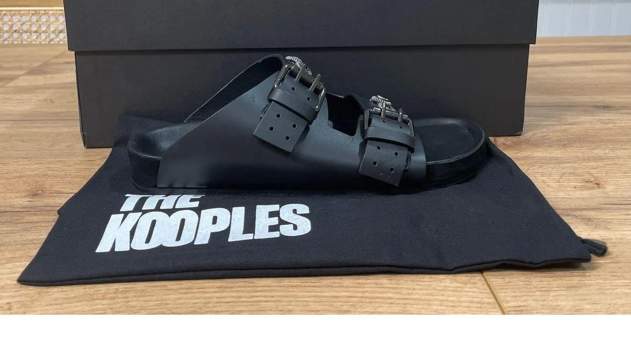 The Kooples Black Leather Buckled Sandals w/ Studs Size 5 US 36 EU NIB Slides - Image 2